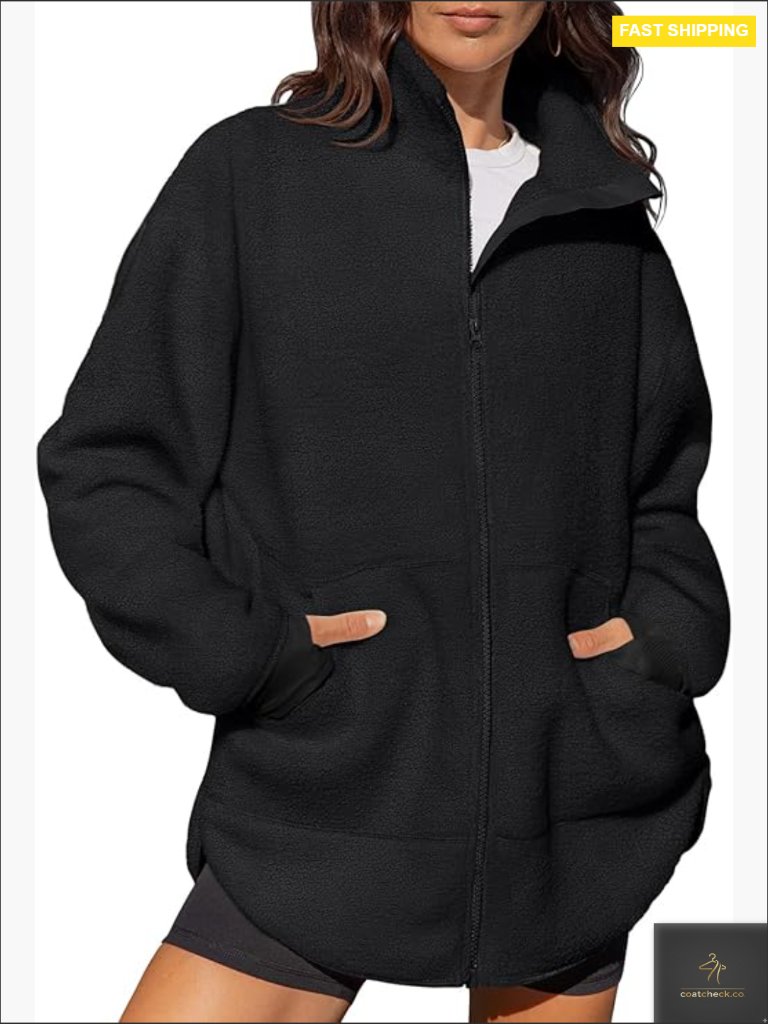 Oversized Sherpa Fleece Jacket Full Zip Stand Collar Y2k Winter Casual